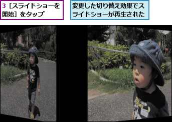 3［スライドショーを開始］をタップ  ,変更した切り替え効果でスライドショーが再生された