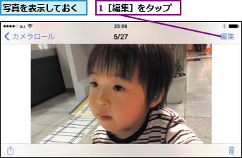 1［編集］をタップ,写真を表示しておく
