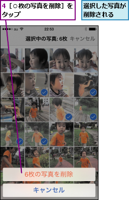 4［○枚の写真を削除］をタップ        ,選択した写真が削除される  