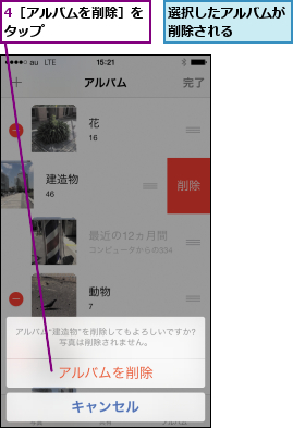4［アルバムを削除］をタップ        ,選択したアルバムが削除される    