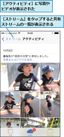 ［アクティビティ］に写真やビデオが表示された    ,［ストリーム］をタップすると共有ストリームの一覧が表示される  