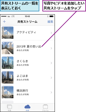 共有ストリームの一覧を表示しておく    ,写真やビデオを追加したい共有ストリームをタップ