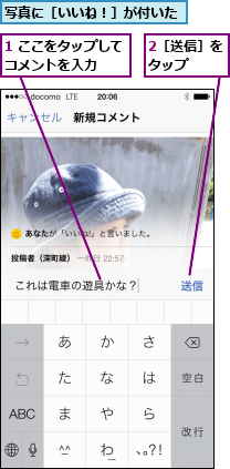 1 ここをタップしてコメントを入力  ,2［送信］をタップ  ,写真に［いいね！］が付いた