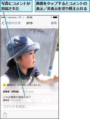 写真にコメントが投稿された  ,画面をタップするとコメントの表示／非表示を切り替えられる
