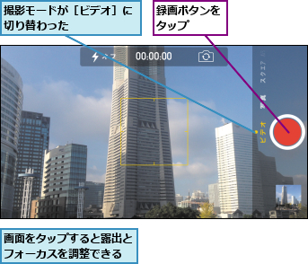 撮影モードが［ビデオ］に切り替わった      ,画面をタップすると露出とフォーカスを調整できる,録画ボタンをタップ  