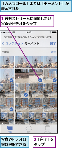 1 共有ストリームに追加したい写真やビデオをタップ    ,2［完了］をタップ  ,写真やビデオは複数選択できる,［カメラロール］または［モーメント］が表示された              