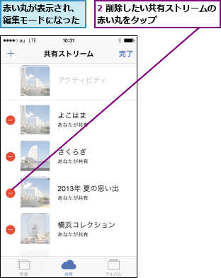 2 削除したい共有ストリームの赤い丸をタップ        ,赤い丸が表示され、編集モードになった