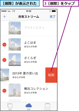 3［削除］をタップ,［削除］が表示された