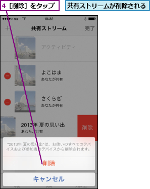4［削除］をタップ,共有ストリームが削除される