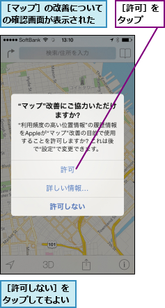［マップ］の改善についての確認画面が表示された,［許可しない］をタップしてもよい,［許可］をタップ  