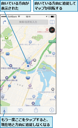 もう一度ここをタップすると、現在地と方向に追従しなくなる,向いている方向が表示された  ,向いている方向に追従してマップが回転する    