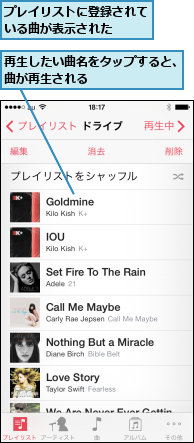 プレイリストに登録されている曲が表示された  ,再生したい曲名をタップすると、曲が再生される        