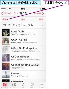 プレイリストを作成しておく,［編集］をタップ