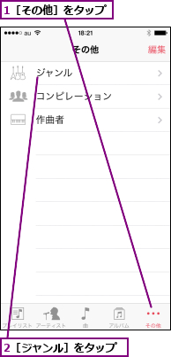 1［その他］をタップ,2［ジャンル］をタップ