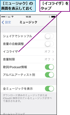［イコライザ］をタップ    ,［ミュージック］の画面を表示しておく