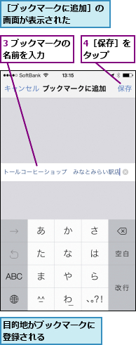 3 ブックマークの名前を入力    ,4［保存］をタップ  ,目的地がブックマークに登録される      ,［ブックマークに追加］の画面が表示された    