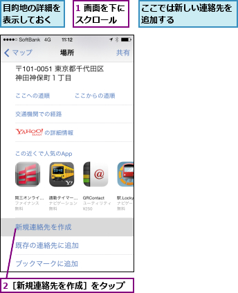 1 画面を下にスクロール  ,2［新規連絡先を作成］をタップ,ここでは新しい連絡先を追加する      ,目的地の詳細を表示しておく