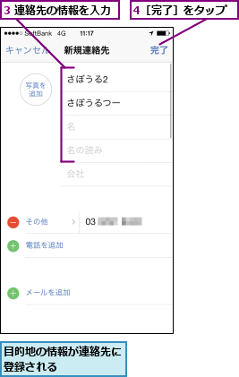 3 連絡先の情報を入力,4［完了］をタップ,目的地の情報が連絡先に登録される      