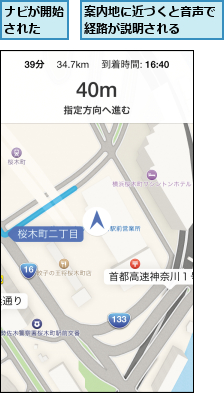 ナビが開始された  ,案内地に近づくと音声で経路が説明される  