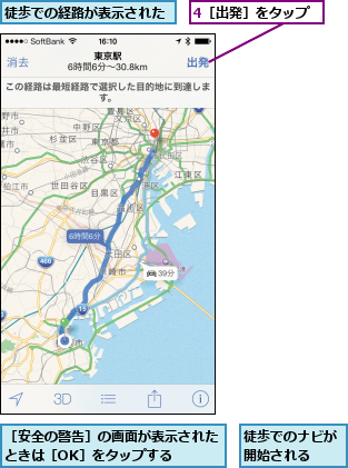 4［出発］をタップ,徒歩でのナビが開始される  ,徒歩での経路が表示された,［安全の警告］の画面が表示されたときは［OK］をタップする  
