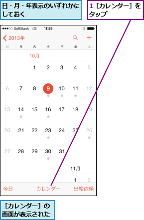1［カレンダー］をタップ      ,日・月・年表示のいずれかにしておく        ,［カレンダー］の画面が表示された