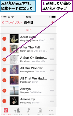 1 削除したい曲の赤い丸をタップ  ,赤い丸が表示され、編集モードになった