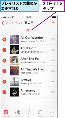 2［完了］をタップ  ,プレイリストの曲順が変更された    