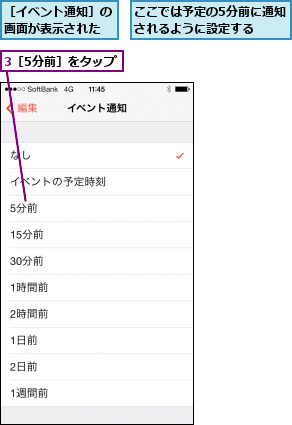 3［5分前］をタップ,ここでは予定の5分前に通知されるように設定する  ,［イベント通知］の画面が表示された