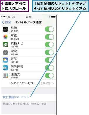 4 画面をさらに下にスクロール,［統計情報のリセット］をタップすると使用状況をリセットできる