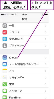 1 ホーム画面の［設定］をタップ,2［iCloud］をタップ