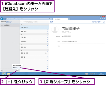 1 iCloud.comのホーム画面で［連絡先］をクリック,2［+］をクリック,3［新規グループ］をクリック