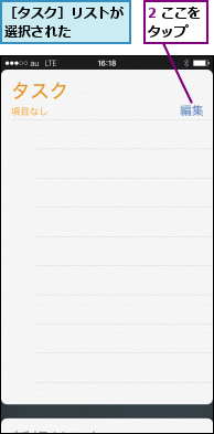 2 ここをタップ  ,［タスク］リストが選択された   