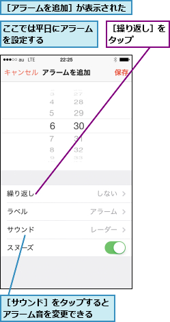 ここでは平日にアラームを設定する     ,［アラームを追加］が表示された,［サウンド］をタップするとアラーム音を変更できる  ,［繰り返し］をタップ   