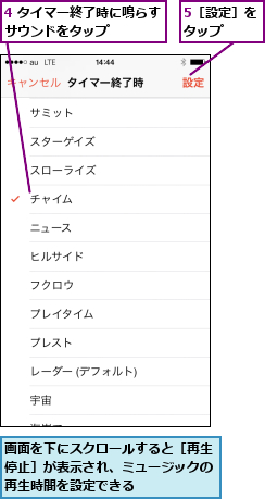 4 タイマー終了時に鳴らすサウンドをタップ    ,5［設定］をタップ  ,画面を下にスクロールすると［再生停止］が表示され、ミュージックの再生時間を設定できる
