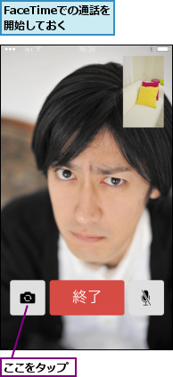 FaceTimeでの通話を開始しておく,ここをタップ