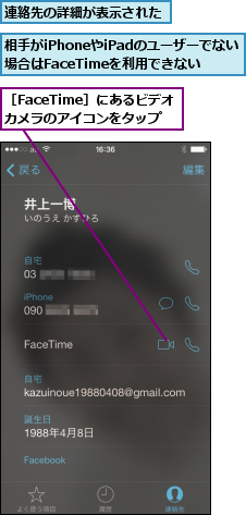 相手がiPhoneやiPadのユーザーでない場合はFaceTimeを利用できない,連絡先の詳細が表示された,［FaceTime］にあるビデオカメラのアイコンをタップ