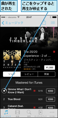 ここをタップすると再生が停止する  ,曲が再生された