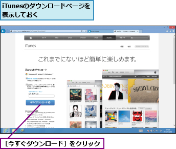 iTunesのダウンロードページを表示しておく    ,［今すぐダウンロード］をクリック