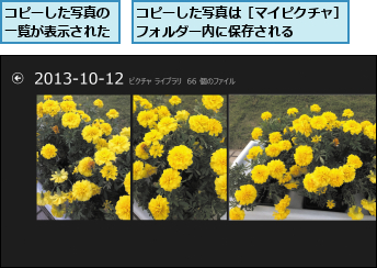 コピーした写真の一覧が表示された,コピーした写真は［マイピクチャ］フォルダー内に保存される    