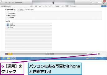 6［適用］をクリック  ,パソコンにある写真がiPhoneと同期される  