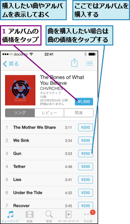 1 アルバムの価格をタップ,ここではアルバムを購入する    ,曲を購入したい場合は曲の価格をタップする,購入したい曲やアルバムを表示しておく  