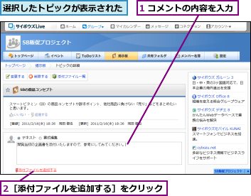 1 コメントの内容を入力,2［添付ファイルを追加する］をクリック,選択したトピックが表示された