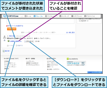 ファイルが添付された状態でコメントが書き込まれた,ファイルが添付されていることを確認,ファイル名をクリックするとファイルの詳細を確認できる,［ダウンロード］をクリックするとファイルをダウンロードできる