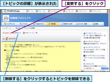 ［トピックの詳細］が表示された,［削除する］をクリックするとトピックを削除できる,［変更する］をクリック