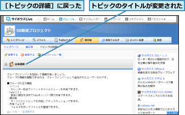 トピックのタイトルが変更された,［トピックの詳細］に戻った