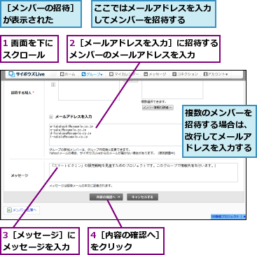 1 画面を下にスクロール　　,2［メールアドレスを入力］に招待するメンバーのメールアドレスを入力　　,3［メッセージ］にメッセージを入力,4［内容の確認へ］をクリック　　　,ここではメールアドレスを入力してメンバーを招待する　　　,複数のメンバーを招待する場合は、改行してメールアドレスを入力する,［メンバーの招待］が表示された　　　