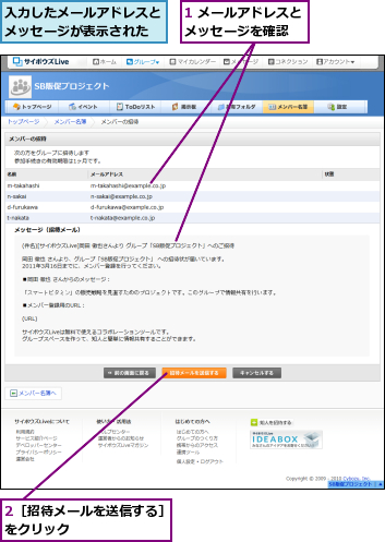 1 メールアドレスとメッセージを確認　　,2［招待メールを送信する］をクリック　　　　　　　,入力したメールアドレスとメッセージが表示された