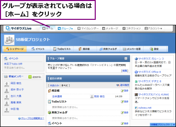 グループが表示されている場合は［ホーム］をクリック　　　　　