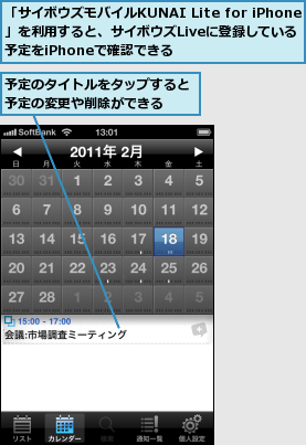 「サイボウズモバイルKUNAI Lite for iPhone」を利用すると、サイボウズLiveに登録している  予定をiPhoneで確認できる,予定のタイトルをタップすると予定の変更や削除ができる  