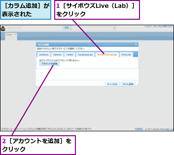 1［サイボウズLive（Lab）］をクリック      ,2［アカウントを追加］をクリック        ,［カラム追加］が表示された  